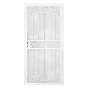 lot 637 image: Unique Home Designs 36 in. x 80 in La Entrada White Surface Mount Outswing Steel Security Door with Perforated Metal Screen, 5SH630WHITE36