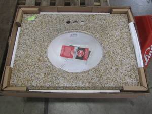 lot 319 image: Pegasus 31 in. x 22 in. Granite Vanity Top in Beige with White Bowl and 4 in. Faucet Spread 16682