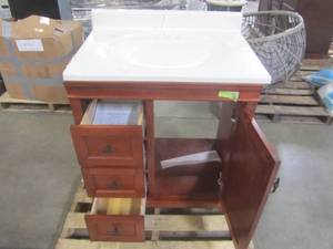 lot 327 image: Home Decorators Collection Naples 31 in. W x 22 in. D Vanity Cabinet in Warm Cinnamon with Marble Vanity Top in Snowstorm with White Basin NACA3021DL-SST