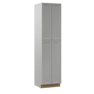 lot 114 image: Hampton Bay Melvern Assembled 24x96x23.75 in. Pantry Kitchen Cabinet in Heron Gray - Some Water DamageSlight Scratches, Cracked Toe Plate.