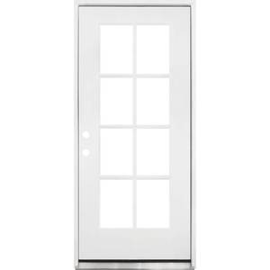 lot 641 image: Steves & Sons 32 in. x 80 in. Legacy Series 8 Lite Clear Glass Right-Hand Inswing Primed Fiberglass Prehung Front Door, 32FG-8LT-ISRH - IN EXCELLENT CONDITION