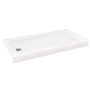 lot 642 image: ShowerCast 60 in. x 32 in. Single Threshold Shower Pan in White with Chrome Shower Drain Cover Left Drain - Slight Enamel Damage by Tile Flange.