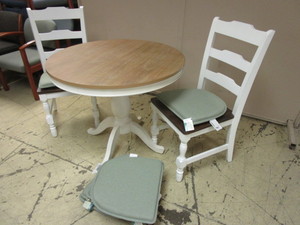 lot 303 image: PIER 1 IMPORTS FRENCH COUNTRY-STYLE TABLE AND CHAIRS, WITH NEW CHAIR CUSHIONS
