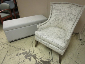 lot 307 image: FRENCH ACCENT CHAIR WITH UPHOLSTERED STORAGE BENCH