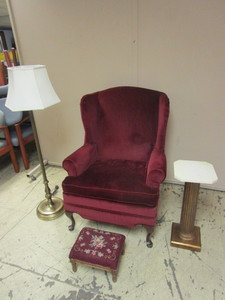 lot 309 image: UPHOLSTERED CHAIR, ITALIAN FOOTSTOOL, BRASS LAMP, PLANT PEDESTAL
