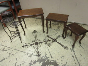 lot 314 image: NESTING TABLE SET, DECORATIVE METAL PLANT STAND, WALL ART