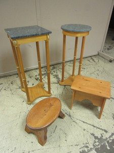 lot 316 image: DECORATIVE OAK PLANT STANDS WITH STONE TOPS, SOLID WOOD STOOLS