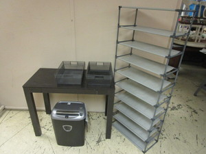 lot 319 image: DESK, SHELVING UNIT, FELLOWES POWERSHRED PAPER SHREDDER, METAL BASKETS