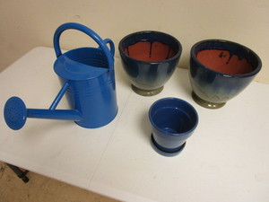 lot 331 image: BLUE GARDEN DECOR, WATERING CAN, PLANT POTS