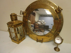 lot 343 image: BRASS NAUTICAL-STYLE MIRROR, TABLE CLOCK, LANTERN