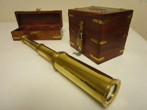 lot 345 image: BRASS TELESCOPE, WITH BOX, WOOD BANK WITH LOCK