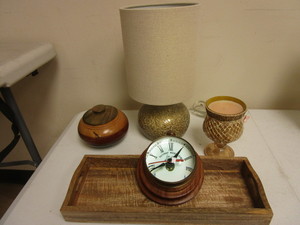 lot 348 image: RAILWAY REGULATOR CLOCK, DECORATIVE LAMP, CANDLE HOLDER, WOOD TRAY, BOWL
