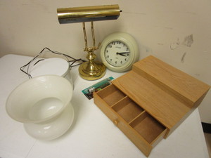 lot 354 image: WORLD MARKET ANTIQUE WALL CLOCK, BRASS DESK LAMP, WOOD PORTABLE DESK, MORE