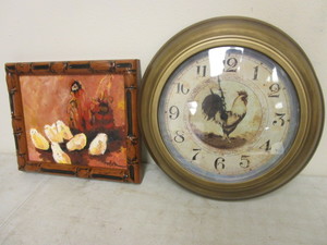 lot 361 image: COUNTRY-STYLE ROOSTER CLOCK, HEN WITH CHICKS PAINTING