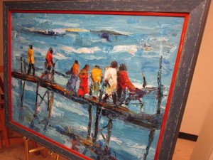 lot 367 image: UGANDAN ARTIST EDISON MUGALU ON THE HARBOUR PAINTING, SIGNED, ON CANVAS, FRAMED