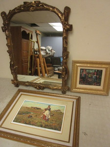 lot 378 image: MIRROR WITH GOLDEN LOGLEAF FRAME, PRAIRIE IS MY GARDEN HARVEY DUNN PRINT, BOB BYERLY PRINT
