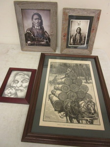 lot 379 image: LOGGING IN NORTHERN WISCONSIN HARPERS WEEKLY FRAMED ART, NATIVE AMERICAN, SITTING BULL PHOTOS