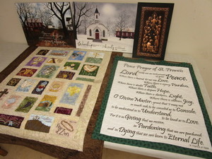 lot 384 image: RELIGIOUS ARTWORK, PRINCE OF PEACE AND ST. FRANCIS WALL QUILTS, SCRIPTURE SAYINGS, LAST SUPPER
