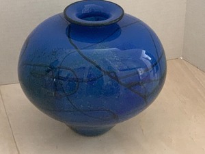 Large Blue Signed Art Glass Vase