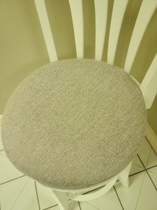 White and Wood Swivel Stool with GrayTaupe Upholstered Seat