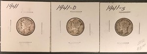 Three Different Mercury Dimes - 1941, 1941-D, & 1941-S