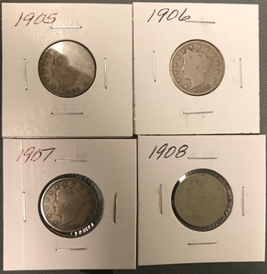 Four Different Liberty Nickels - 1905, 1906, 1907, & 1908