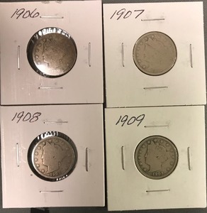 Four Different Liberty Nickels - 1906, 1907, 1908, & 1909