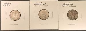 Three Different Mercury Dimes - 1944, 1944-D, & 1944-S