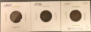 Three Different Indian Cents - 1890, 1892, & 1893