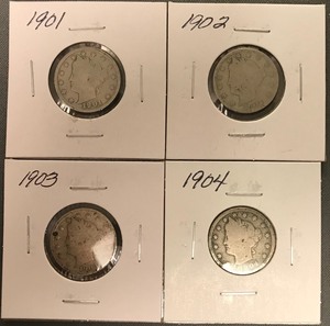 Four Different Liberty Nickels - 1901, 1902, 1903, & 1904