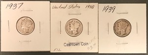 Three Different Mercury Dimes - 1937, 1938, & 1939