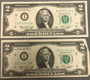 Two Different 1976 $2 Federal Reserve Notes - # I 01739136 A & I 09757745 A