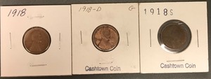 Three Different Lincoln Wheat Cents - 1918, 1918-D, & 1918-S