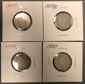 Four Different Liberty Nickels - 1897, 1898, 1899, & 1900