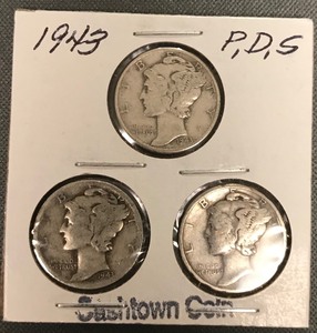 Three Different Mercury Dimes - 1943, 1943-D, & 1943-S