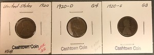 Three Different Lincoln Wheat Cents - 1920, 1920-D, & 1920-S