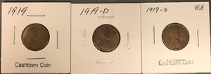 Three Different Lincoln Wheat Cents - 1919, 1919-D, & 1919-S