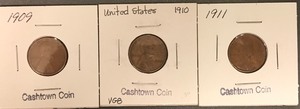 Three Different Lincoln Wheat Cents - 1909, 1910, & 1911