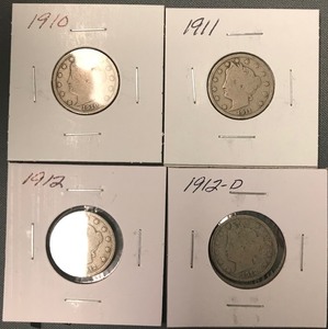 Four Different Liberty Nickels - 1910, 1911, 1912, & 1912-D