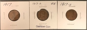 Three Different Lincoln Wheat Cents - 1917, 1917-D, & 1917-S