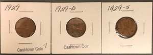 Three Different Lincoln Wheat Cents - 1929, 1929-D, & 1929-S