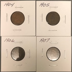 Four Different Indian Head Cents - 1904, 1905, 1906, & 1907