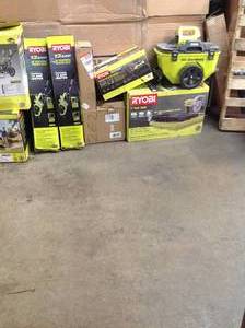 PALLET WITH RYOBI OUTDOOR TOOLS, PRESSURE WASHER & TILE SAWS SEE PICS