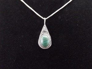 .925 Sterling Silver Malachite Cabochon Pendant Necklace