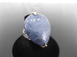 .925 Sterling Silver Large Angelite Pear Cabochon Cocktail Ring Size 8
