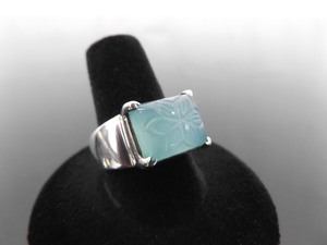 .925 Sterling Silver Aqua Prehnite Carved Flower Ring Size 9