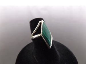 .925 Sterling Silver Malachite Diamond Cabochon Ring Size 5.5