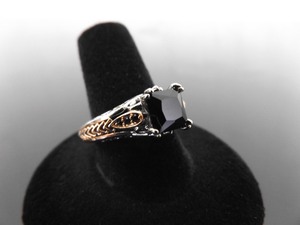 .925 Sterling Silver Square Cut Black Sapphire Crystal Scrolled Ring Size 9