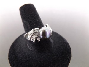 .925 Sterling Silver Genuine Black Pearl Crystal Accented Ring Size 9.25