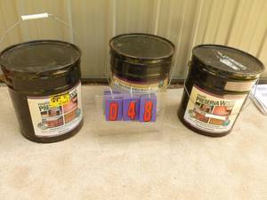 lot 48 image: Qty of 3 5 gallon pails. Red wood perservative. As shown.